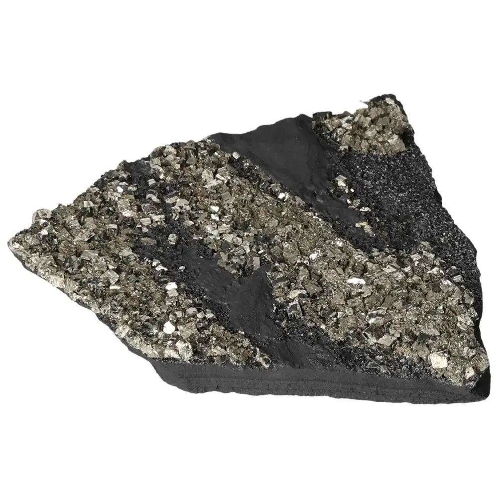 Pyrite with Basalt stone from Sylvia Crystals, showcasing a blend of sparkling pyrite and dark basalt for spiritual growth and luxury.