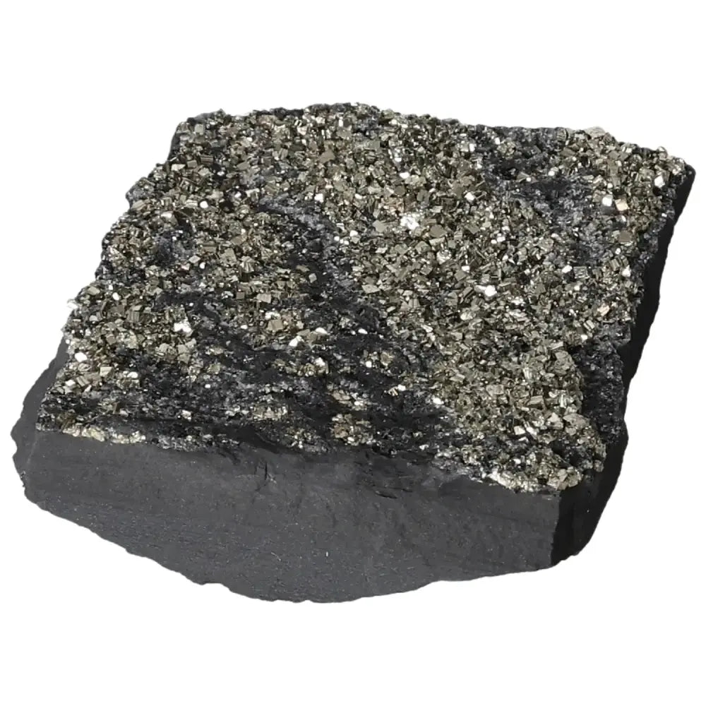 Pyrite with basalt crystal, showcasing golden hues on a dark stone base, ideal for transformation and growth. Available at Sylvia Crystals.
