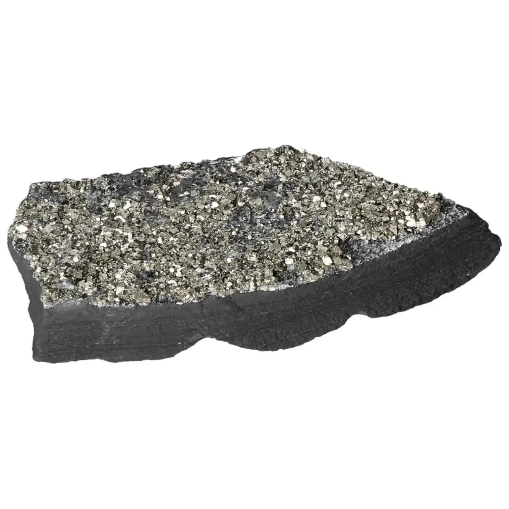 Pyrite with Basalt crystal from Sylvia Crystals showcasing a shiny gold-like appearance against a dark stone base.