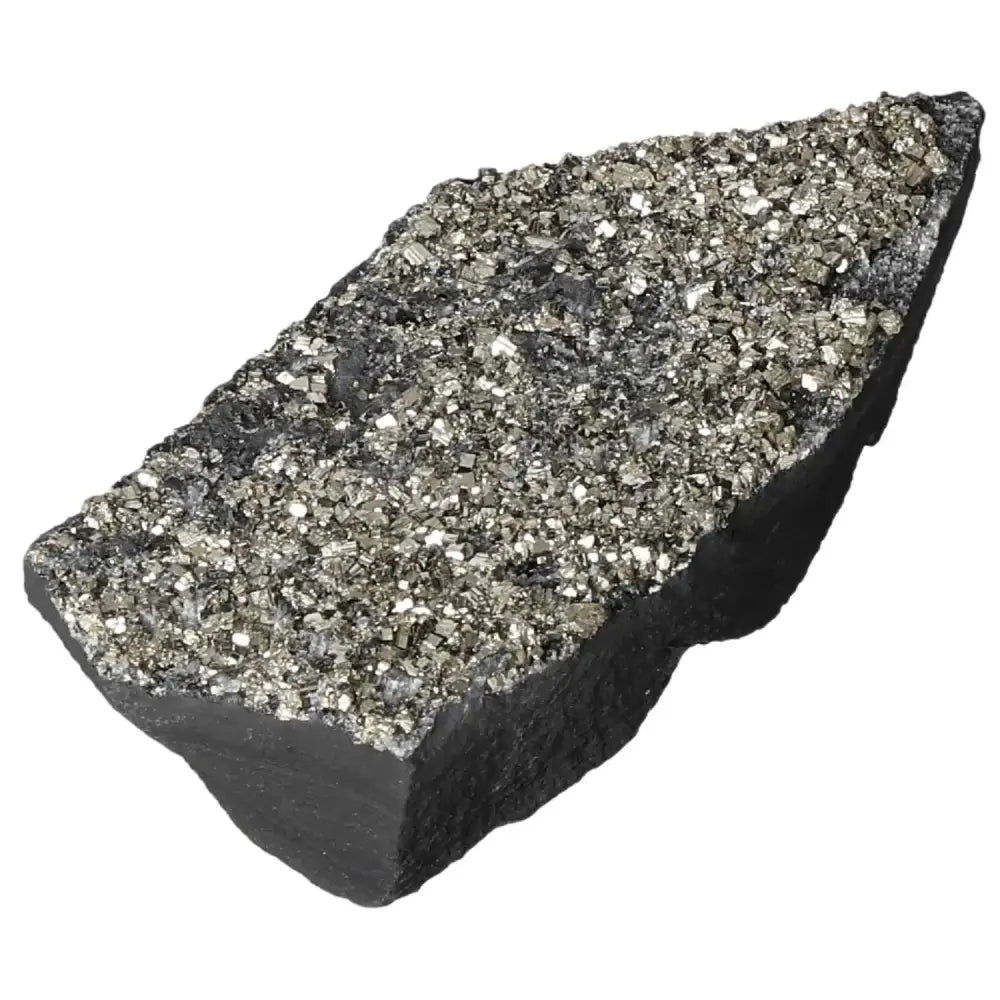 Premium Pyrite with Basalt crystal from Sylvia Crystals, showcasing lustrous gold tones and grounding black stone properties.