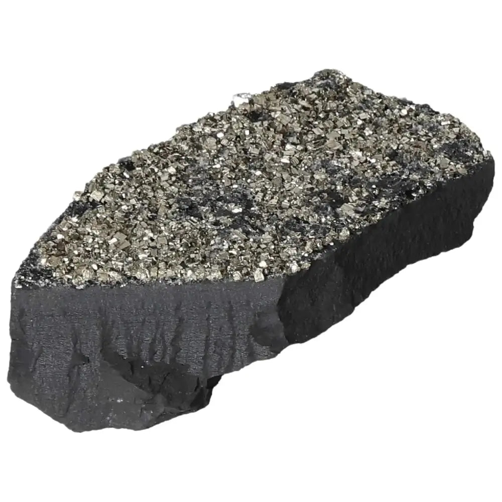 Pyrite with Basalt crystal showcasing lustrous 'Fool's Gold' atop grounding stone, premium Sylvia Crystals product.