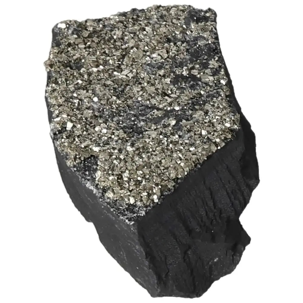Pyrite with Basalt crystal from Sylvia Crystals, showcasing the brilliant luster of Pyrite atop a solid, grounding Basalt base.
