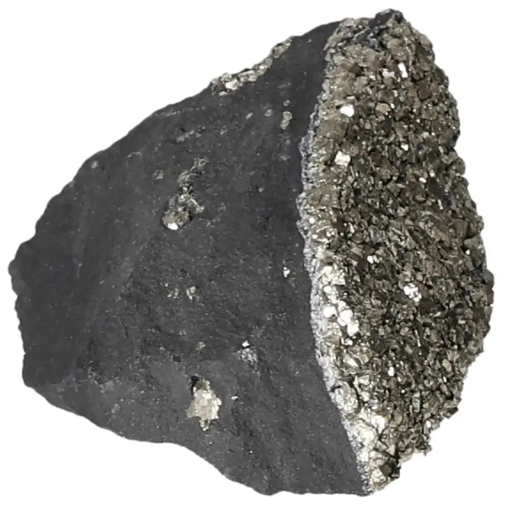 Close-up of Pyrite with Basalt crystal, showcasing its shimmering metallic surface, from Sylvia Crystals' premium collection.