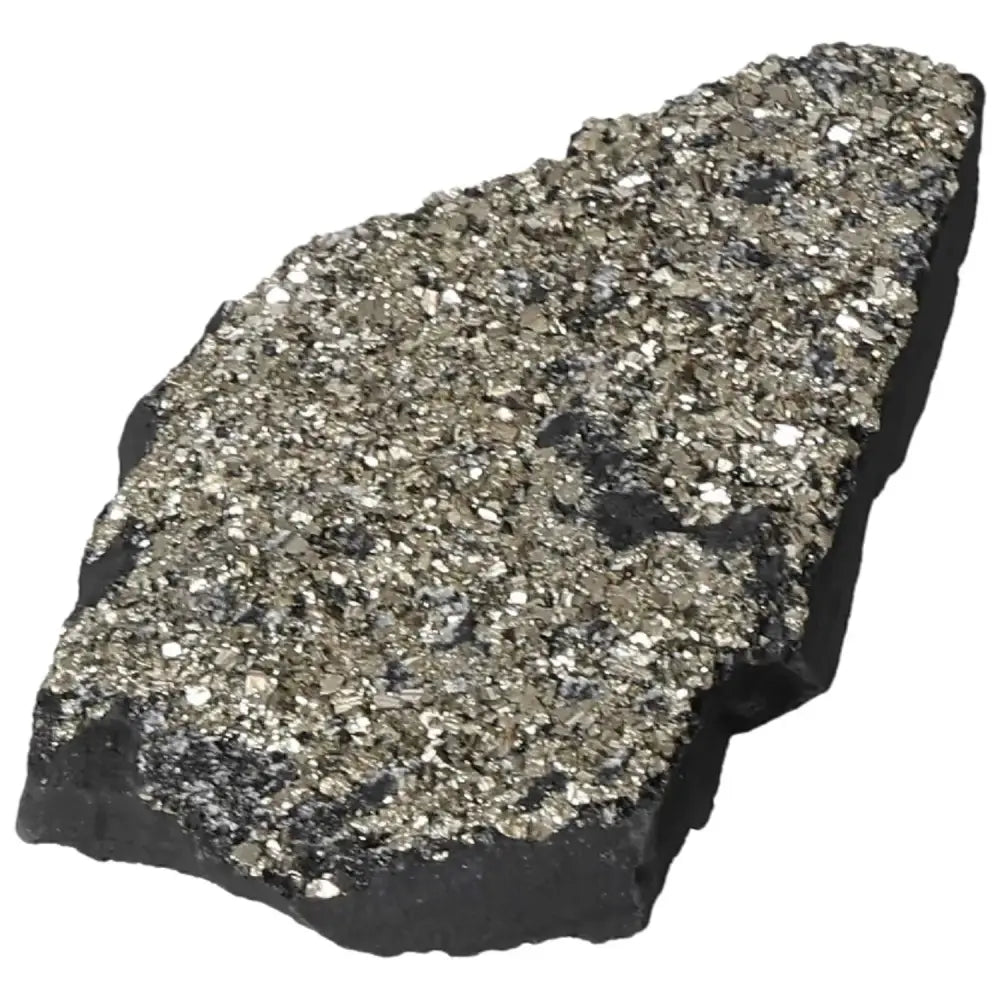 Pyrite With Basalt crystal showcasing a shimmering metallic surface, ideal for boosting confidence and personal growth from Sylvia Crystals.