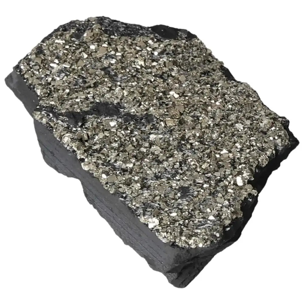 Pyrite with Basalt crystal showcasing shimmering metallic surface, enhancing personal growth and confidence. Premium from Sylvia Crystals.