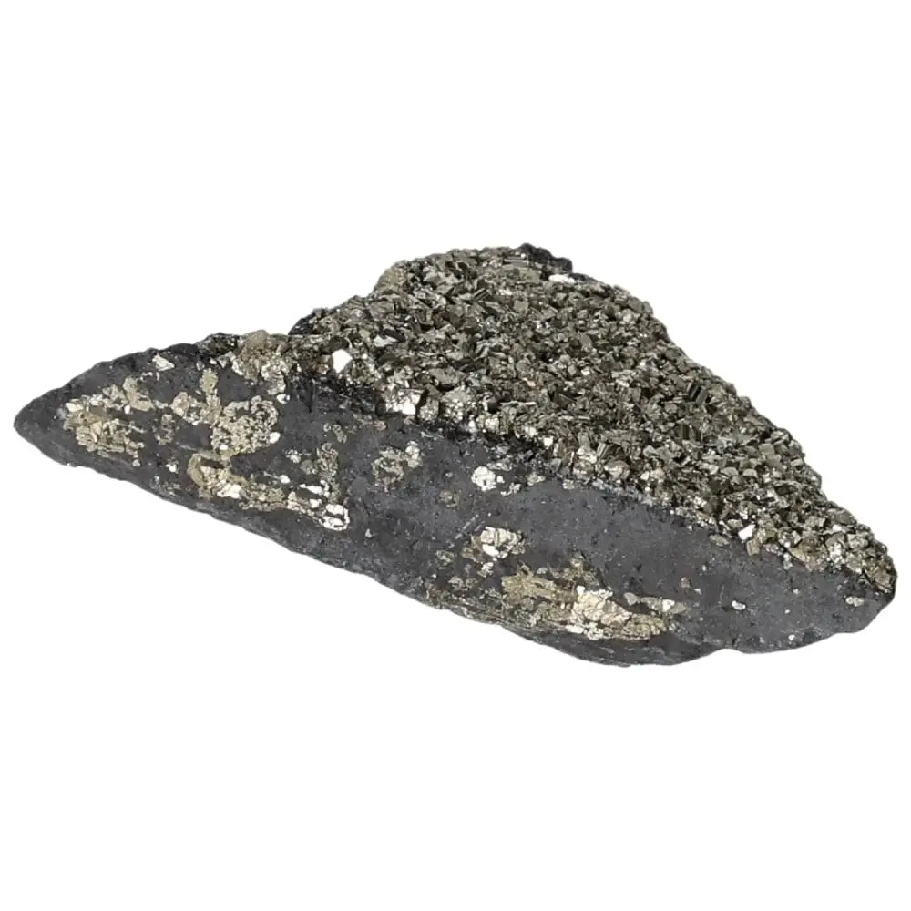 Pyrite with Basalt crystal by Sylvia Crystals, showcasing luxury and spiritual energy with metallic and stone textures.