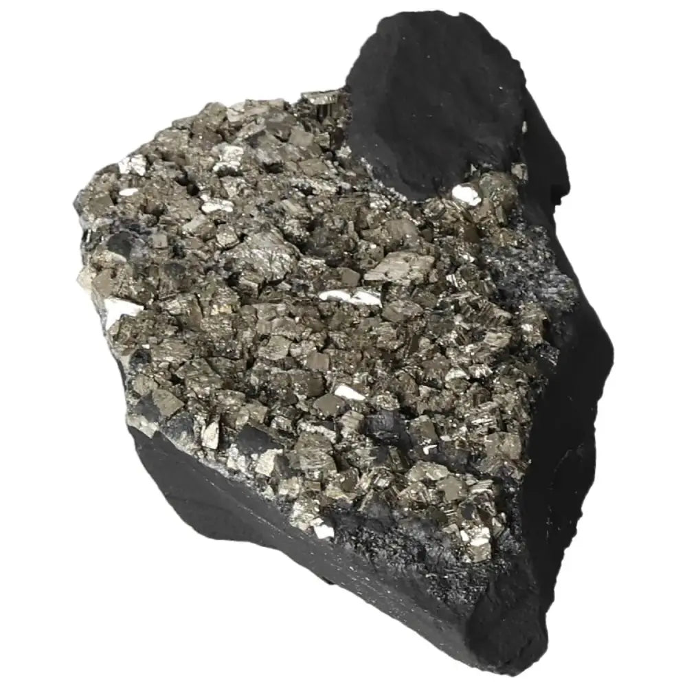 Pyrite with basalt crystal from Sylvia Crystals, highlighting golden pyrite clusters on dark basalt base.