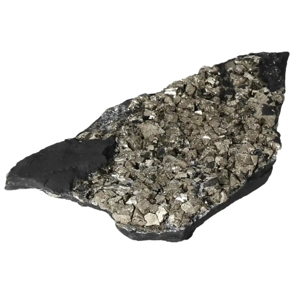 Pyrite with Basalt stone from Sylvia Crystals, offering courage and grounding energy, featuring a blend of metallic and dark tones.