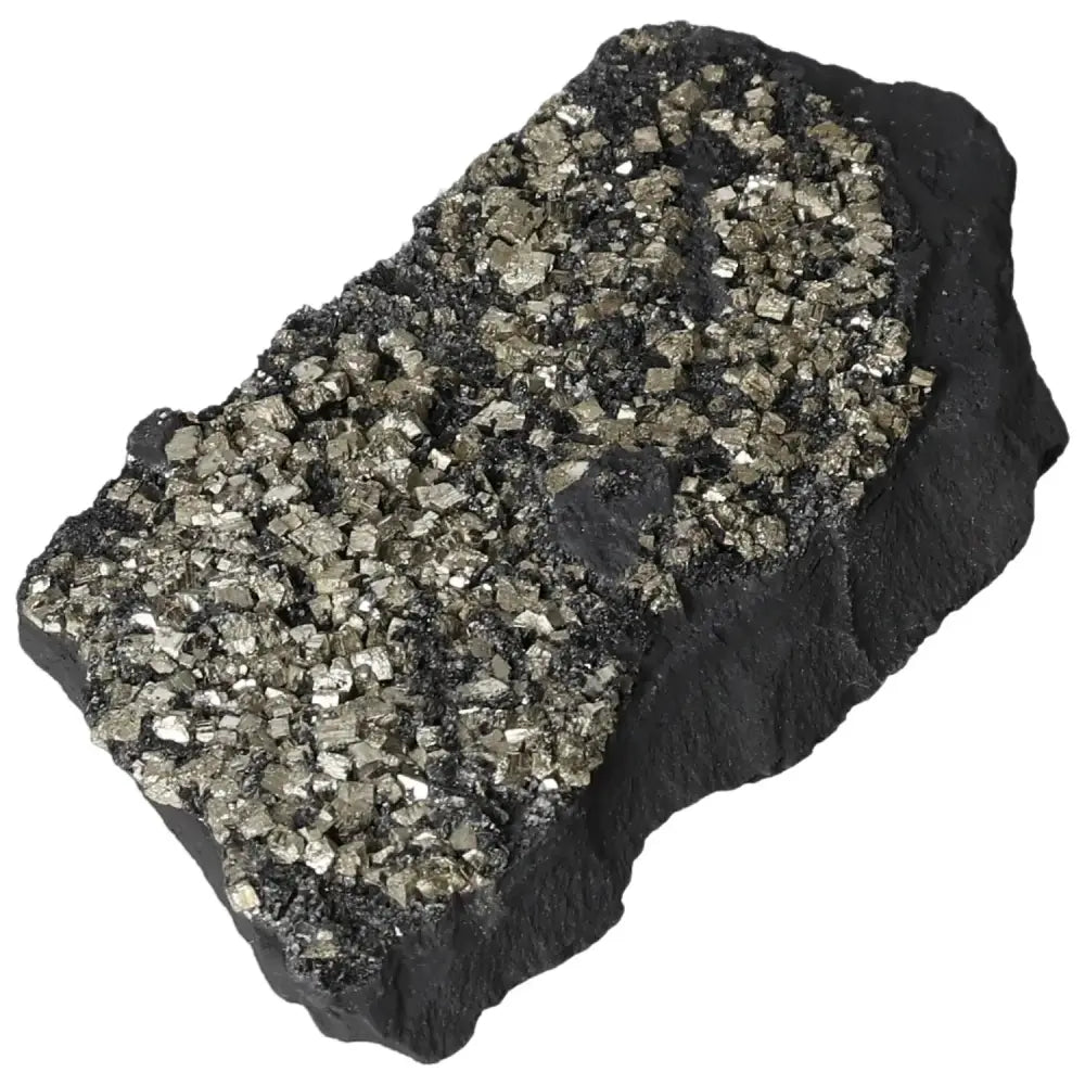 Pyrite With Basalt by Sylvia Crystals, showcasing golden pyrite on a dark basalt base, known for inspiring creativity and courage.