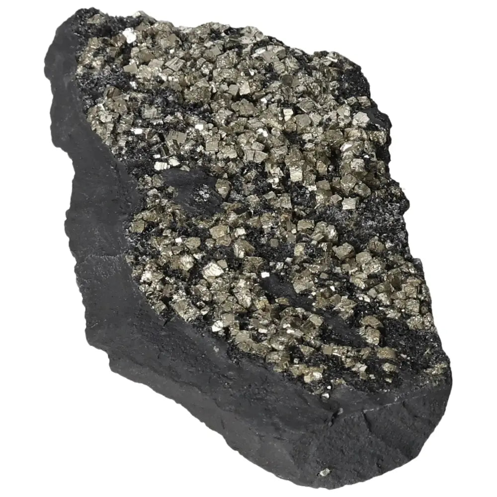 Alt Tag: Pyrite with Basalt crystal cluster, a Sylvia Crystals product, enhancing creativity and courage with sparkling gold hues.