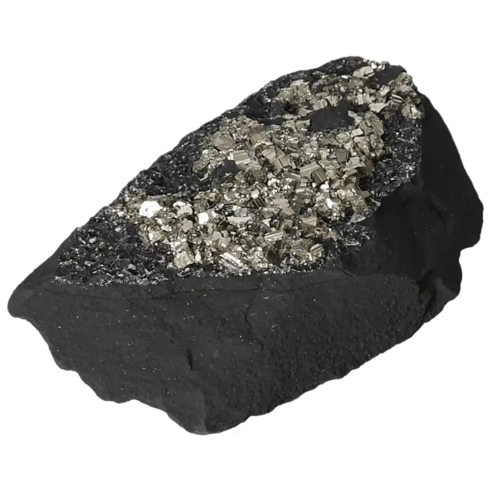 "Pyrite with Basalt crystal from Sylvia Crystals showcasing metallic Pyrite embedded in dark Basalt, enhancing energy and creativity."
