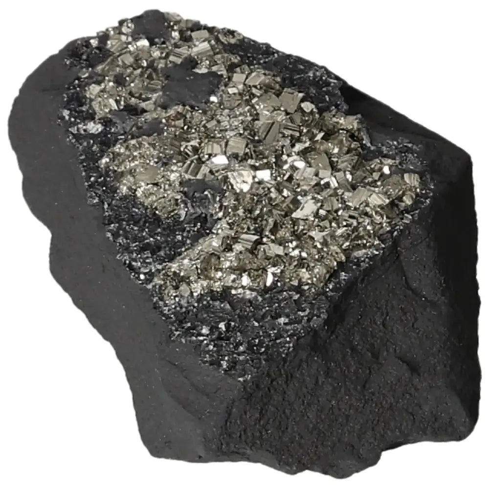 Shimmering Pyrite with Basalt, a sophisticated mineral combination enhancing energy and creativity, from Sylvia Crystals collection.
