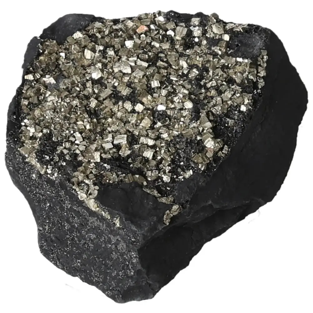 Pyrite with Basalt crystal, premium Sylvia Crystals product, showcasing fusion of spiritual and material energies for innovation and self-reliance.