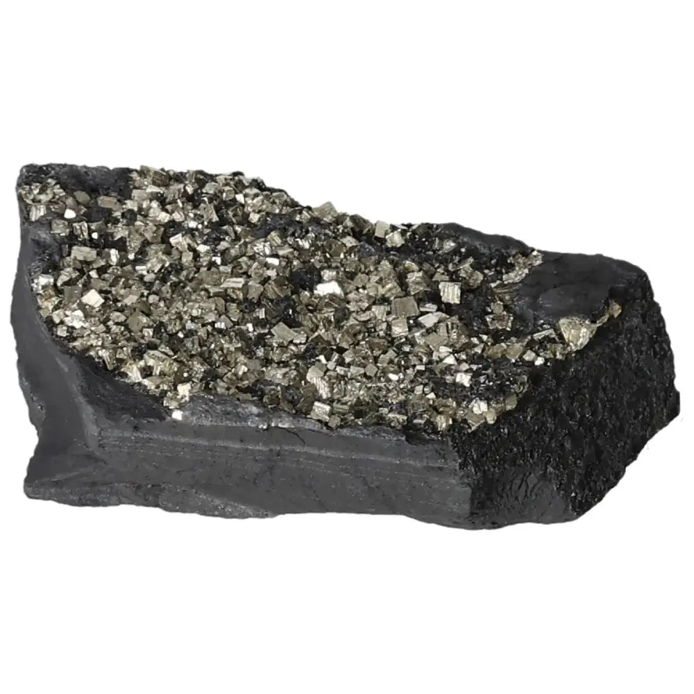 Premium Pyrite With Basalt stone from Sylvia Crystals, showcasing sparkling pyrite crystals on a dark basalt base.