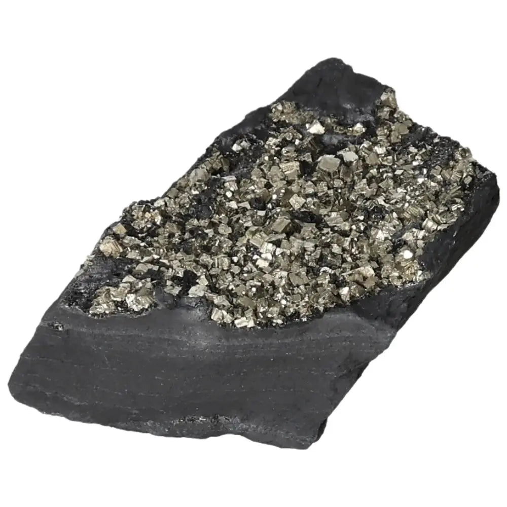 Close-up of Sylvia Crystals Pyrite with Basalt, showcasing shimmering pyrite crystals on dark basalt, embodying spiritual and material synergy.