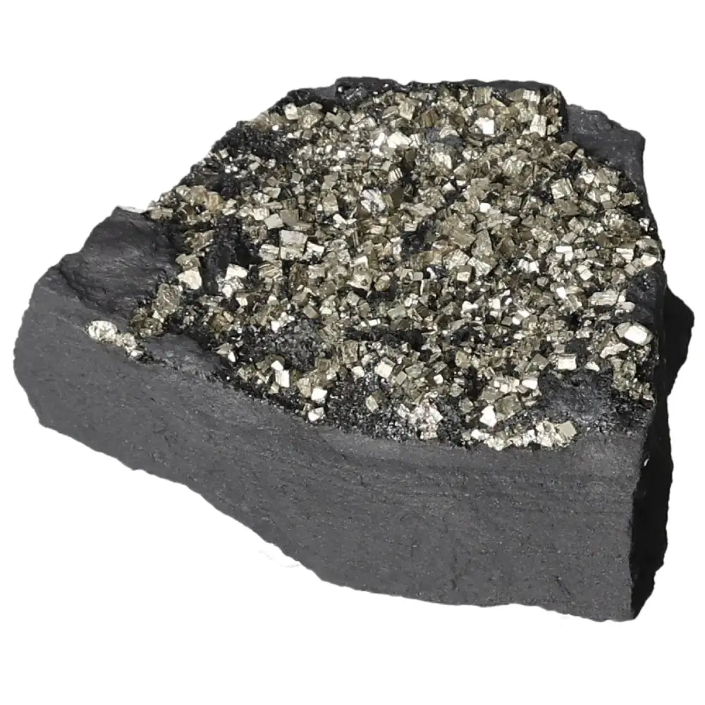 Pyrite With Basalt stone, featuring metallic crystals on dark rock, symbolizing spiritual and material synergy from Sylvia Crystals.