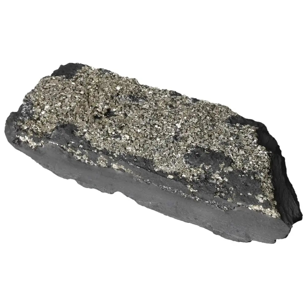 Pyrite With Basalt crystal from Sylvia Crystals, known for enhancing independence, luxury, and creativity, on a white background.