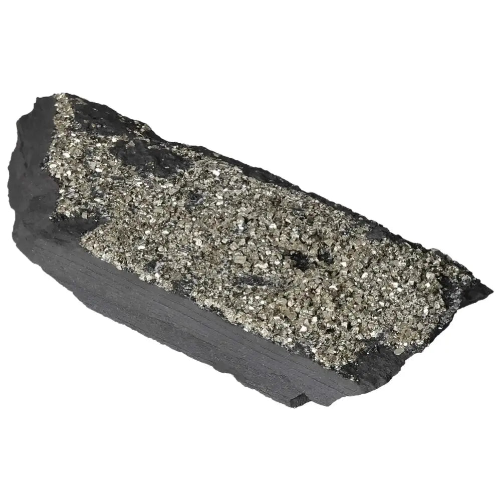 Luxurious Pyrite with Basalt crystal from Sylvia Crystals, enhancing independence and creativity, perfect for overcoming fear.