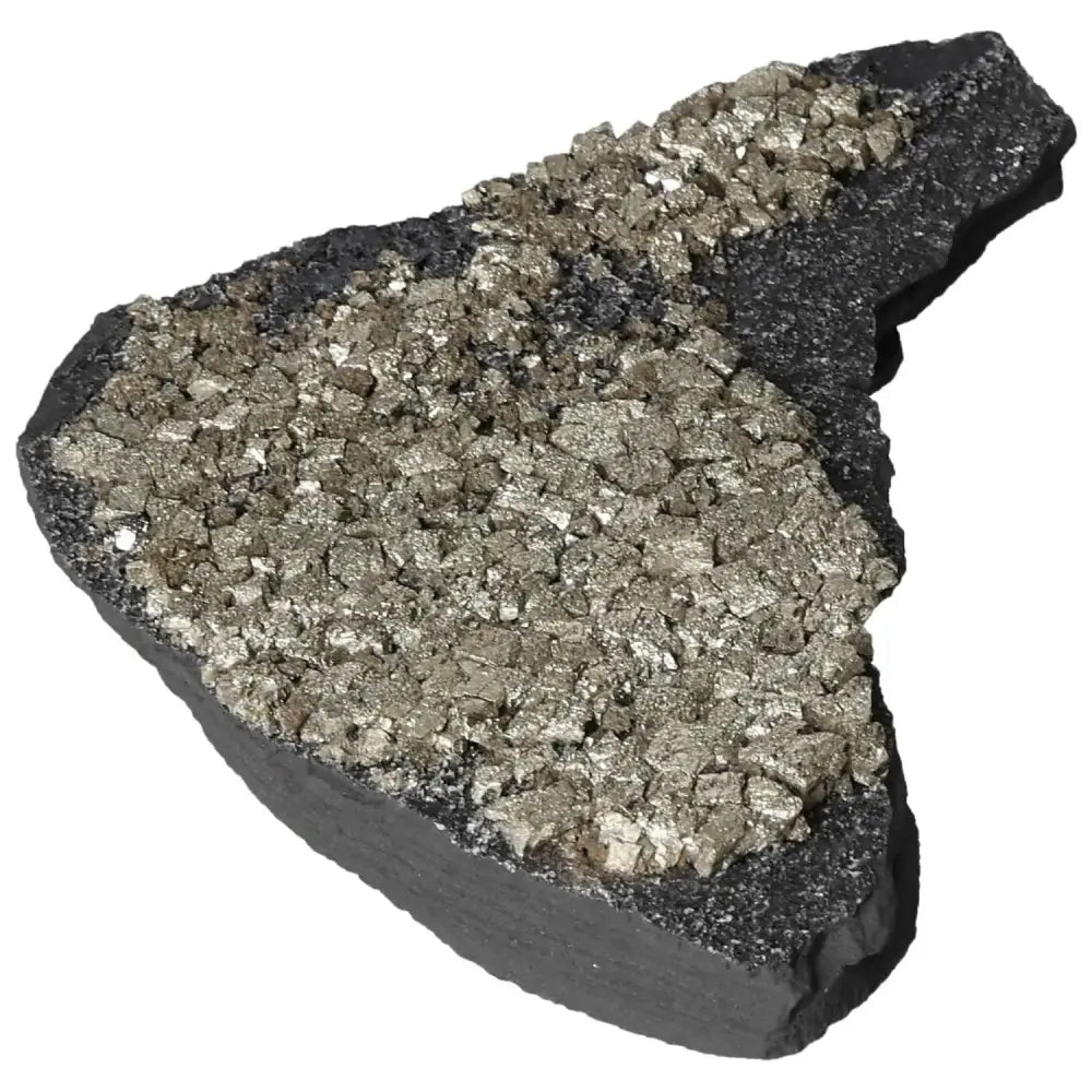 Pyrite With Basalt crystal from Sylvia Crystals, showcasing sparkling pyrite atop a dark basalt base, symbolizes courage and action.