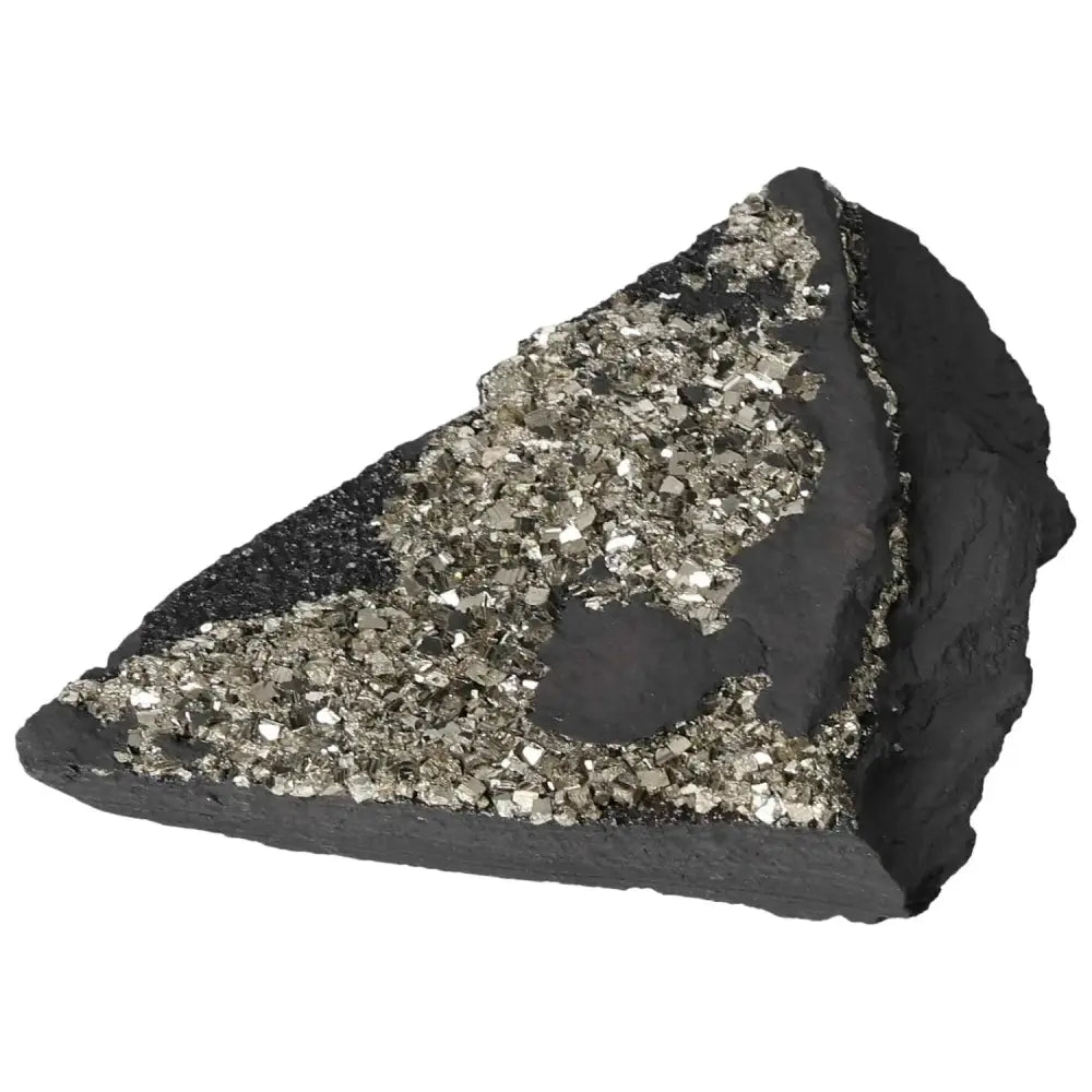 Close-up of Pyrite with Basalt crystal from Sylvia Crystals, shimmering gold hues on dark stone, symbolizing growth and innovation.