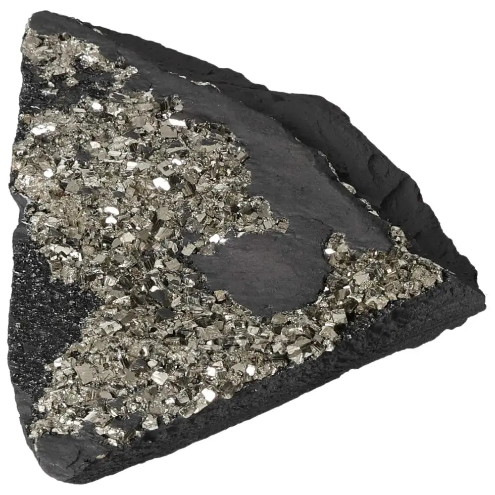 Close-up of premium Pyrite with Basalt from Sylvia Crystals, showcasing glittering Pyrite embedded in dark Basalt for personal growth.