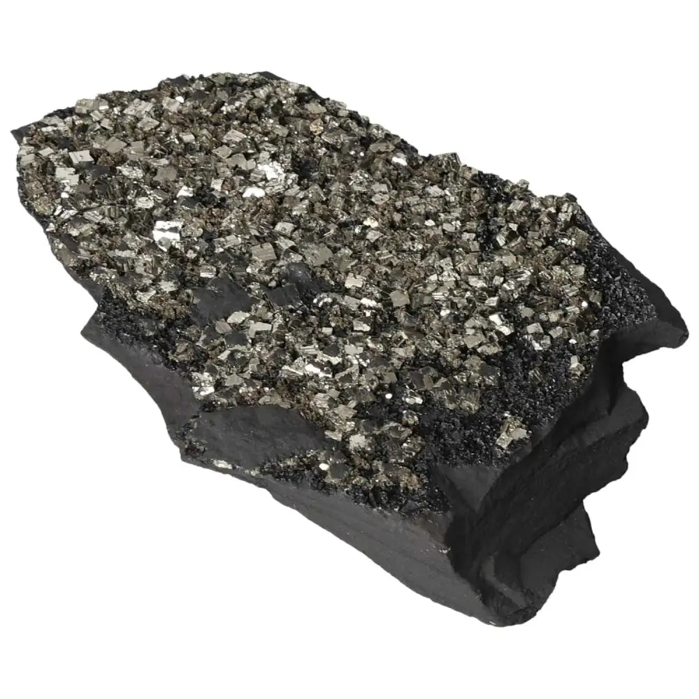 Pyrite with Basalt crystal showcasing metallic finish for personal growth. Premium quality from Sylvia Crystals.