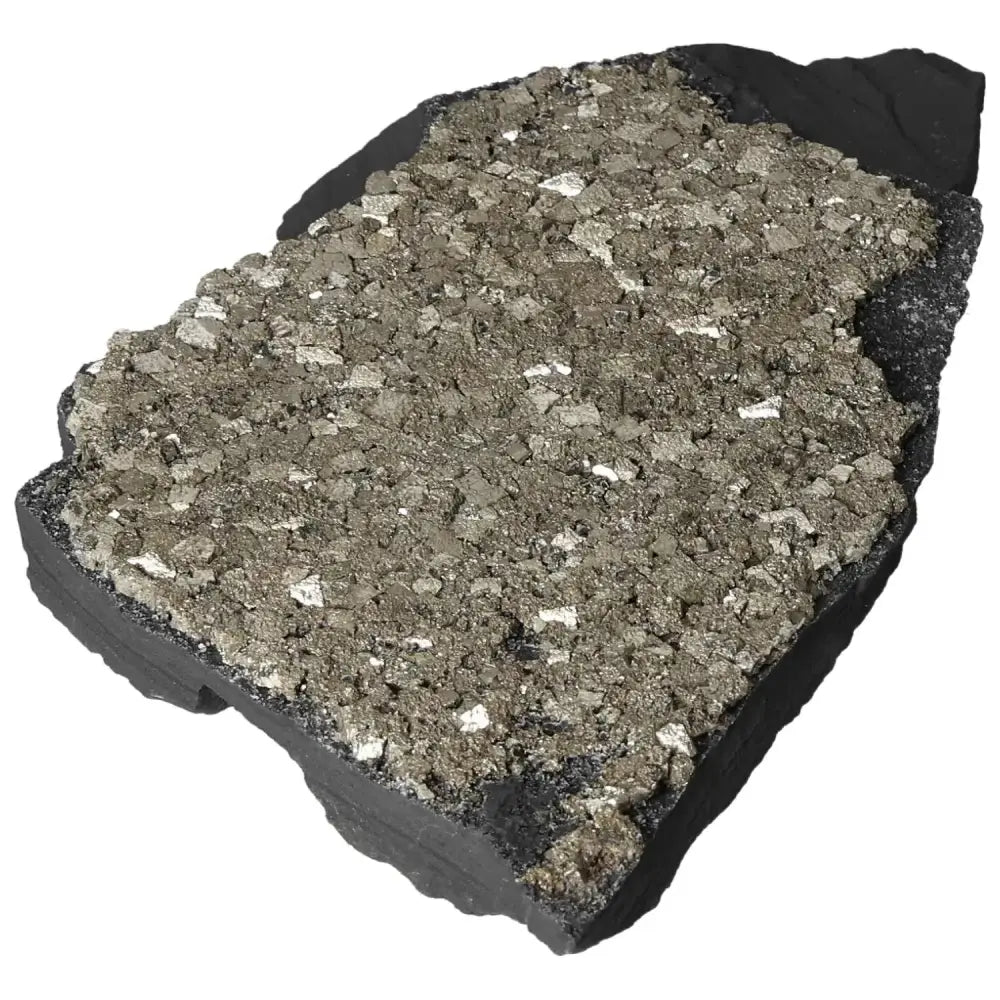 Pyrite with basalt crystal specimen from Sylvia Crystals showcasing sparkling gold hues on a dark stone base.