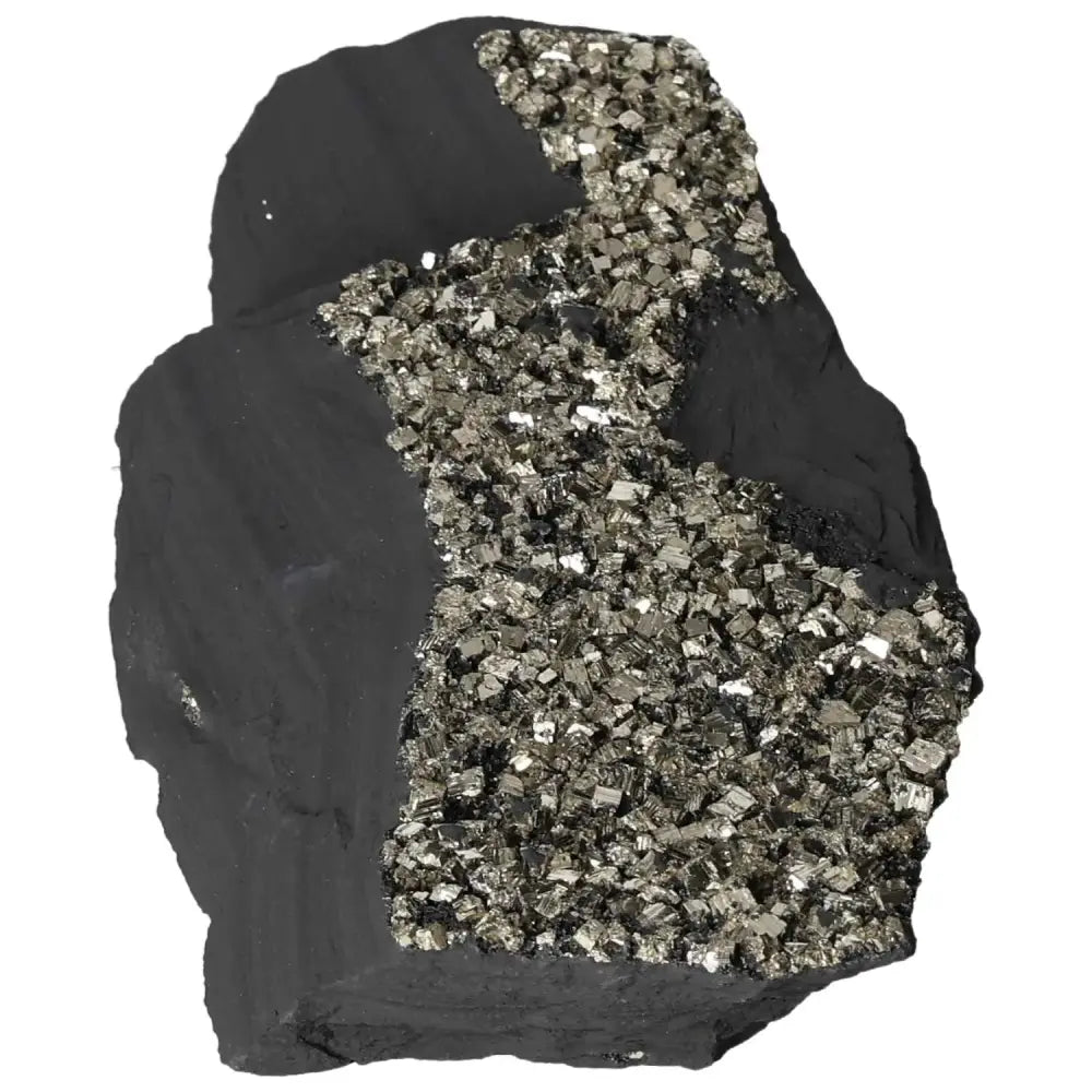 Close-up of a Pyrite with Basalt crystal, showcasing metallic pyrite against dark basalt, enhancing energy and grounding properties.