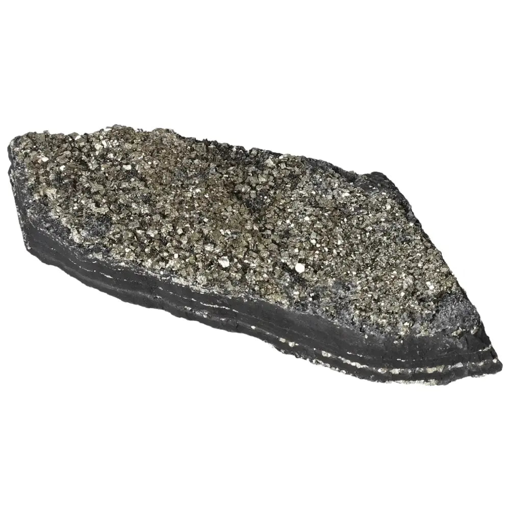 Pyrite with Basalt stone, showcasing invigorating energy and grounding properties, by Sylvia Crystals.