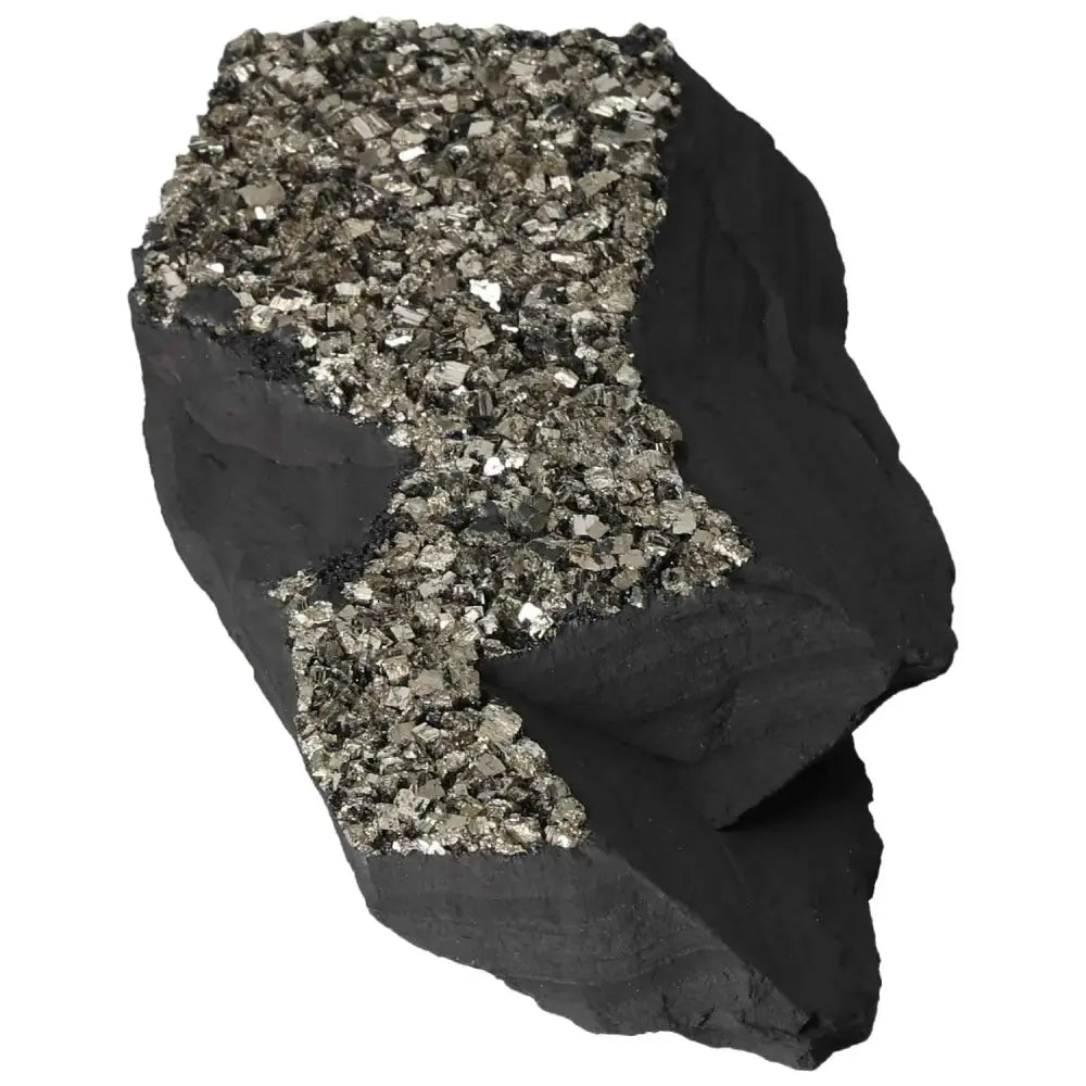 Close-up of pyrite with basalt rock, showcasing its sparkling metallic and dark matte textures, ideal for crystal collections.