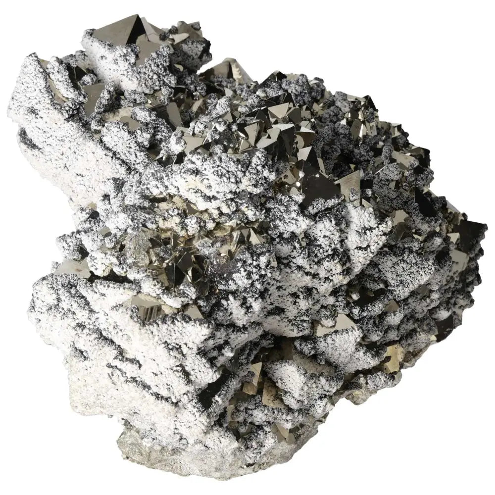 Superior quality pyrite with sphalerite and calcite, showcasing geometric metallic luster and intricate formations.