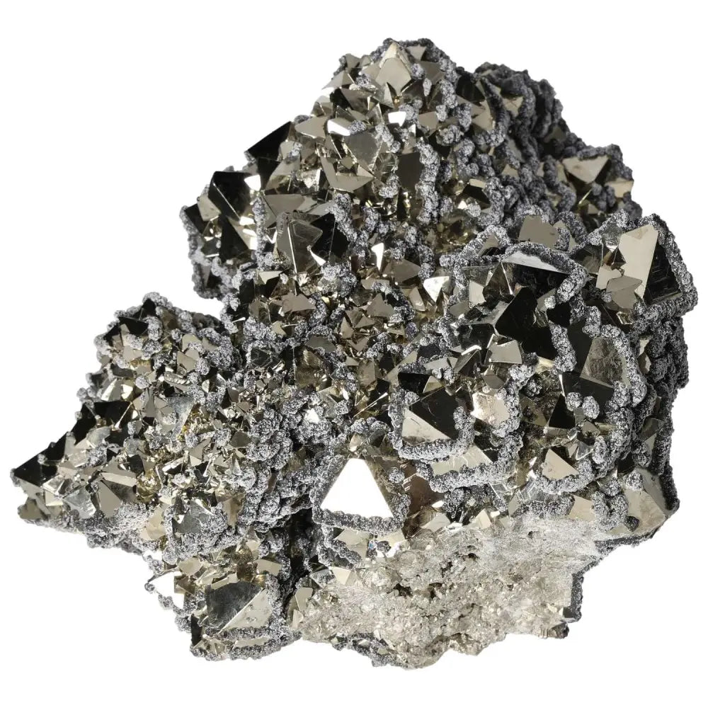Superior quality pyrite cluster with natural cubic formations and metallic luster, featuring sphalerite and calcite minerals.
