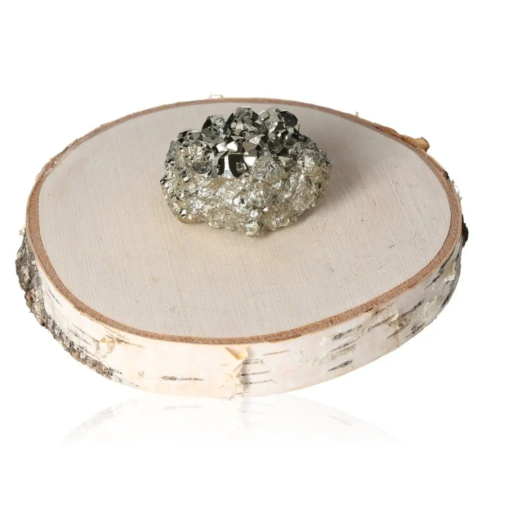 Pyrite druzy on wooden base, showcasing its golden hue and metallic luster, known as Fool's Gold for wealth and prosperity.