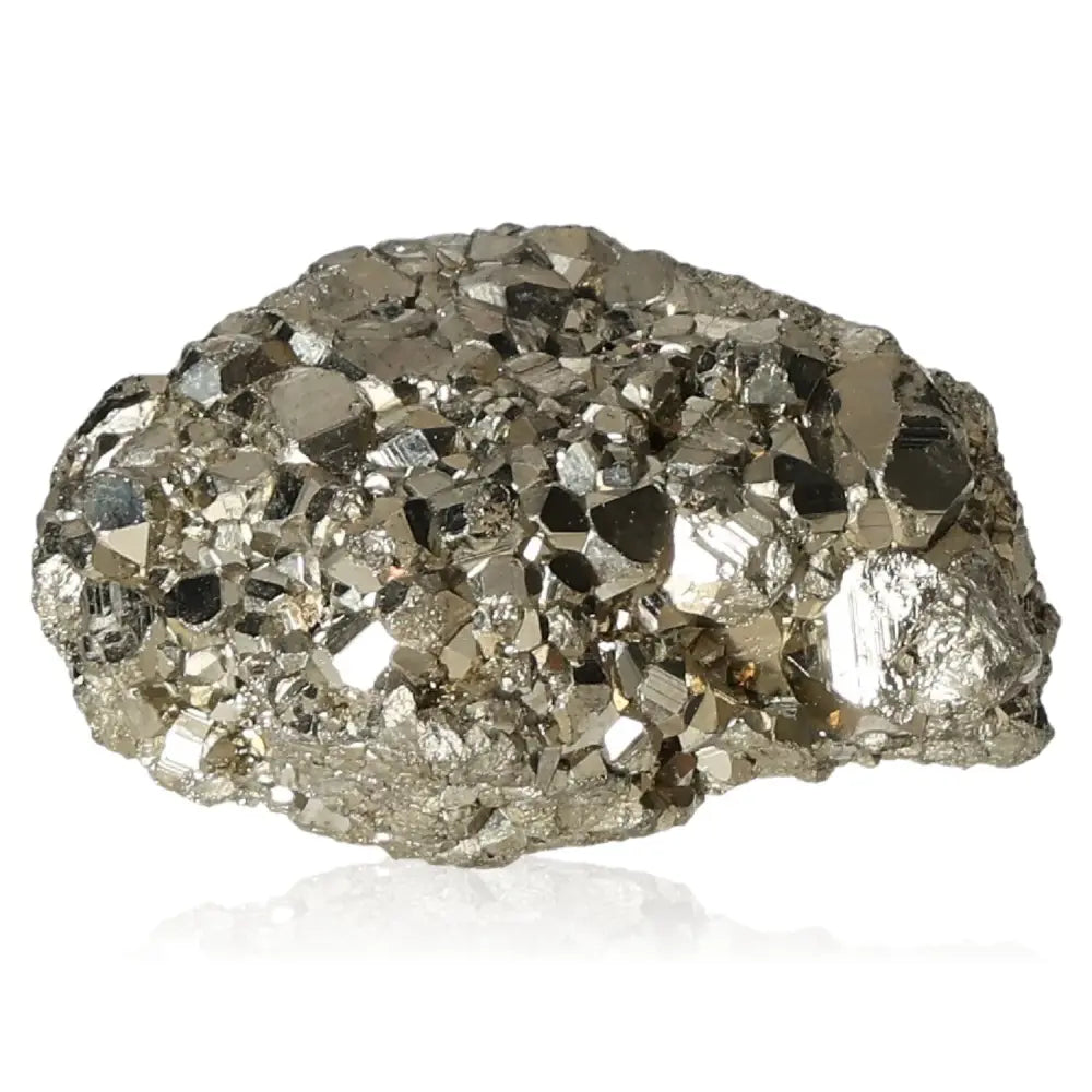 Pyrite druze stone showcasing metallic luster and golden hue, known as "Fool's Gold," symbolizing abundance and prosperity.