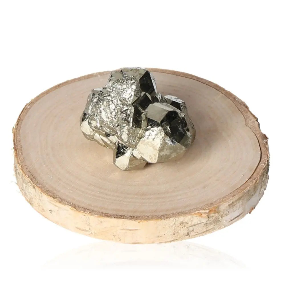 Natural pyrite druzes on a wooden base, showcasing a radiant golden hue and metallic luster, known as "Fool's Gold."