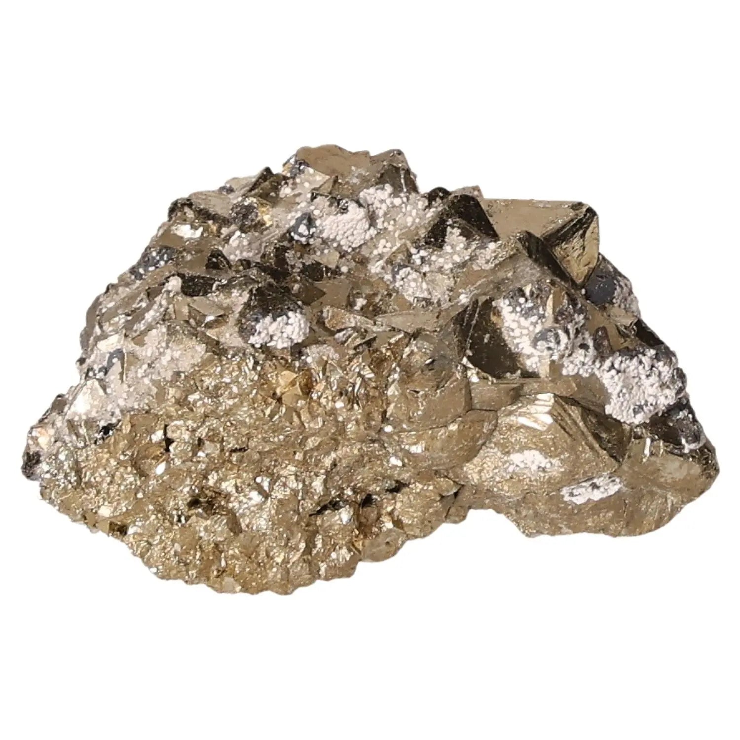 Pyrite druzy stone with golden hue and metallic luster, known as Fool's Gold, representing abundance and prosperity.