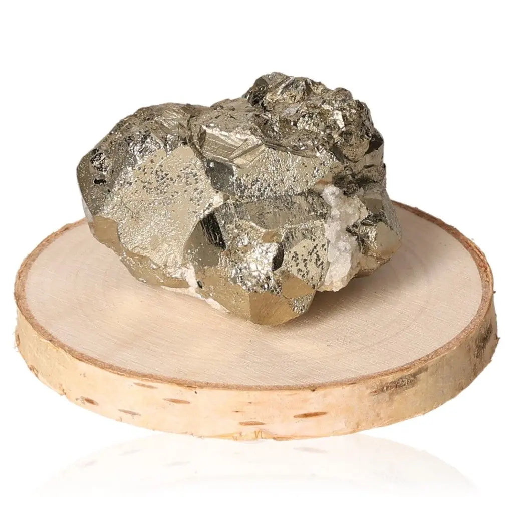 Pyrite druze with metallic luster on wooden stand, resembling gold and symbolizing wealth and prosperity.