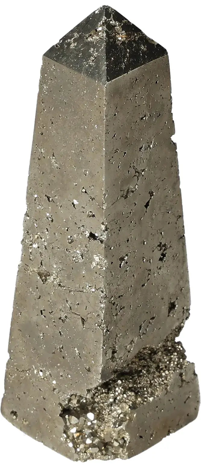 Pyrite obelisk with golden metallic luster symbolizing abundance and prosperity, known as "Fool's Gold."