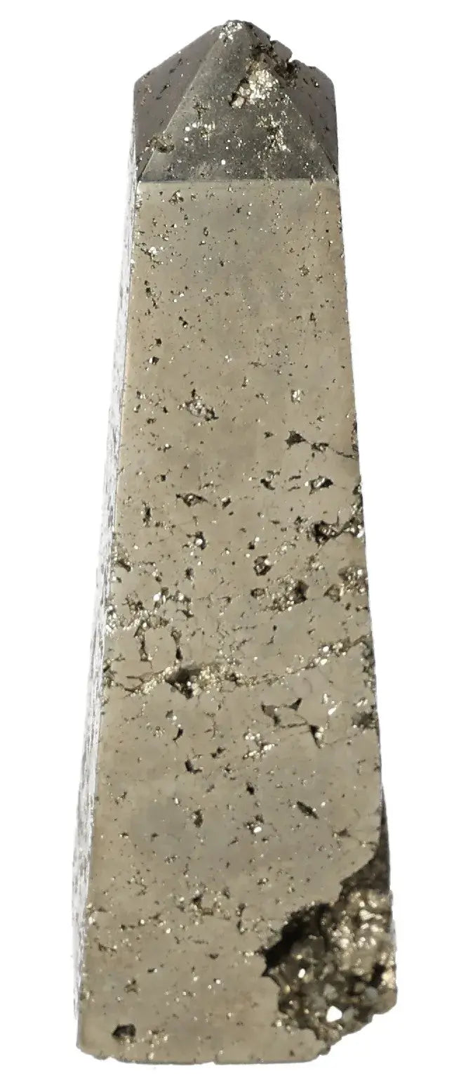 Pyrite obelisk with golden hue, known as Fool's Gold, symbolizing prosperity and abundance.