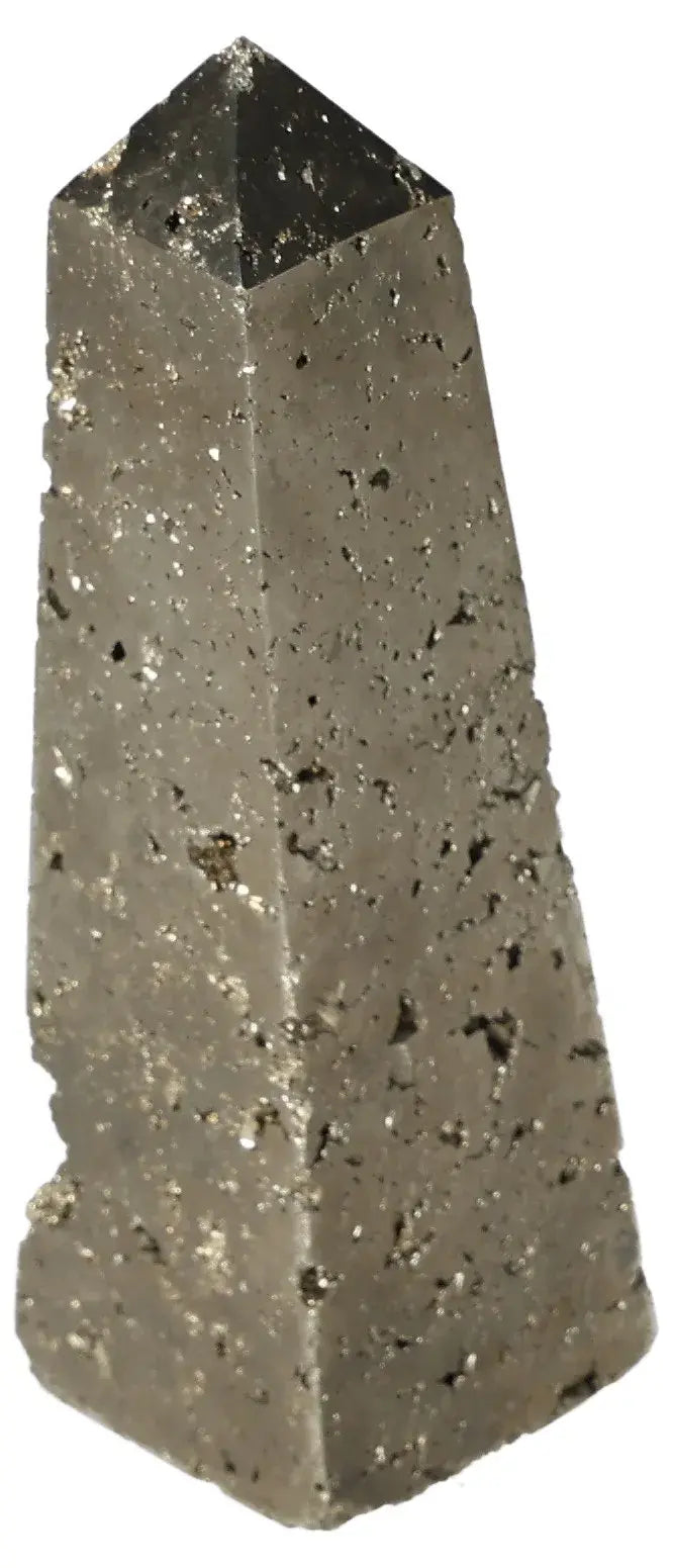 Golden pyrite obelisk with metallic luster, often known as Fool's Gold, symbolizing abundance, prosperity, and success.