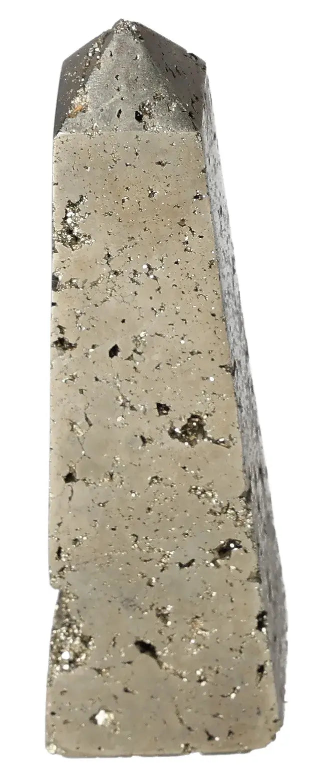 Pyrite obelisk with golden hue, symbolizing abundance and prosperity. Known as Fool's Gold, features metallic luster and natural allure.