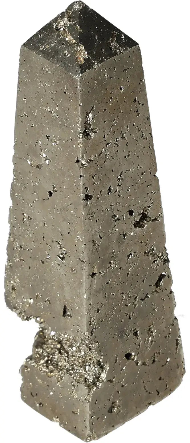 Pyrite obelisk with golden metallic luster, associated with wealth and prosperity, resembling Fool's Gold.