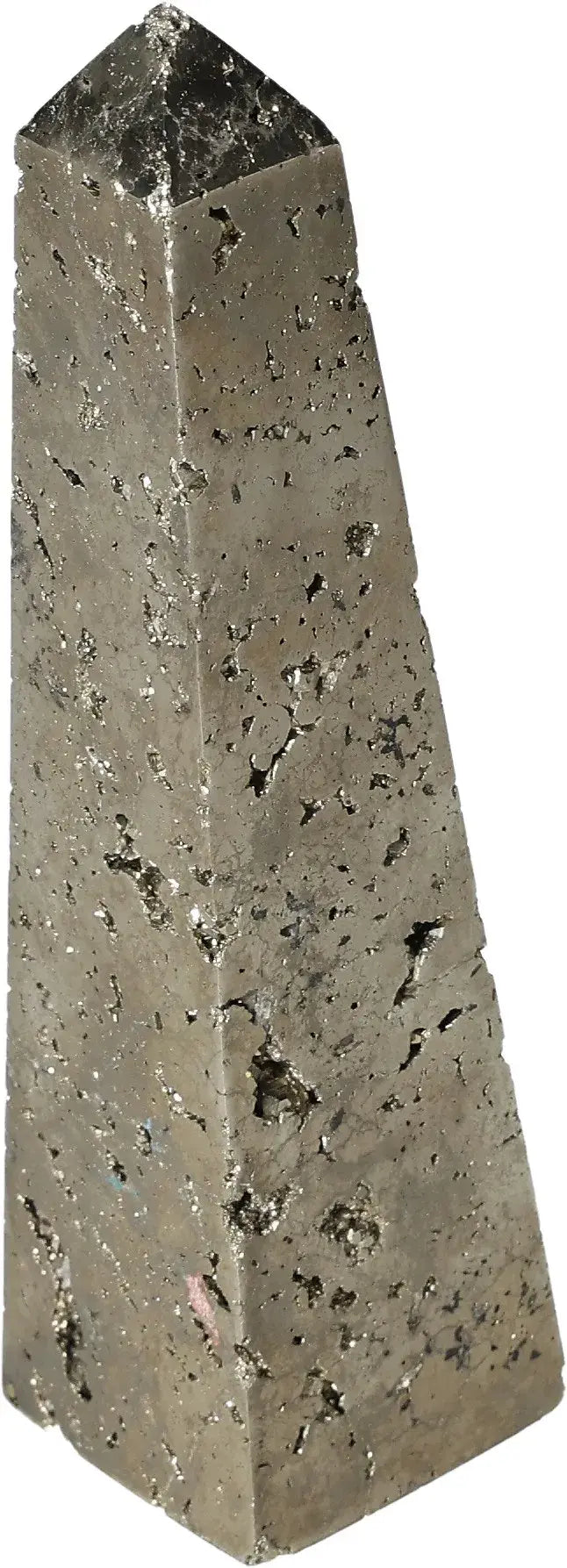Shining pyrite obelisk with a golden hue and metallic luster, known for attracting wealth, success, and prosperity.