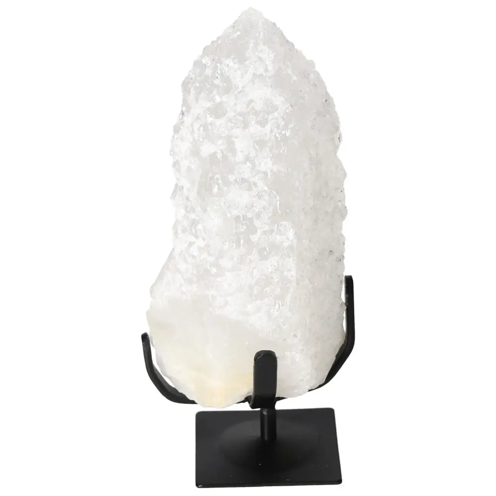 Quartz Crystal Bubble from Sylvia Crystals on black stand, known for vibrant hues and chakra energy enhancement.
