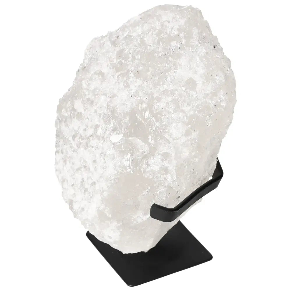 Quartz Crystal Bubble on black stand showcasing its natural shimmering texture, known for balancing chakras and enhancing clarity.