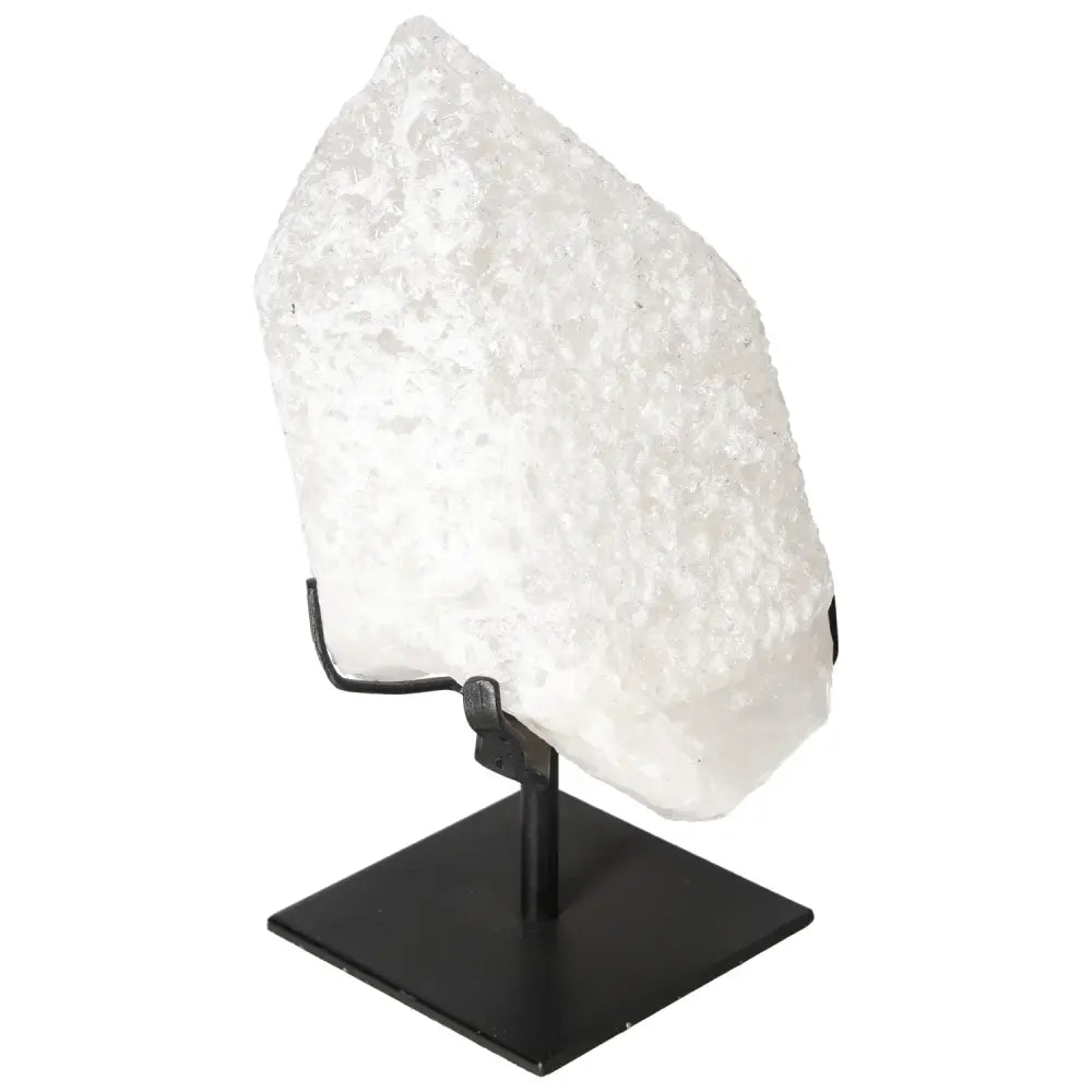 Quartz Crystal Bubble on a black stand, showcasing its multifaceted structure and energetic properties for physical and spiritual well-being.