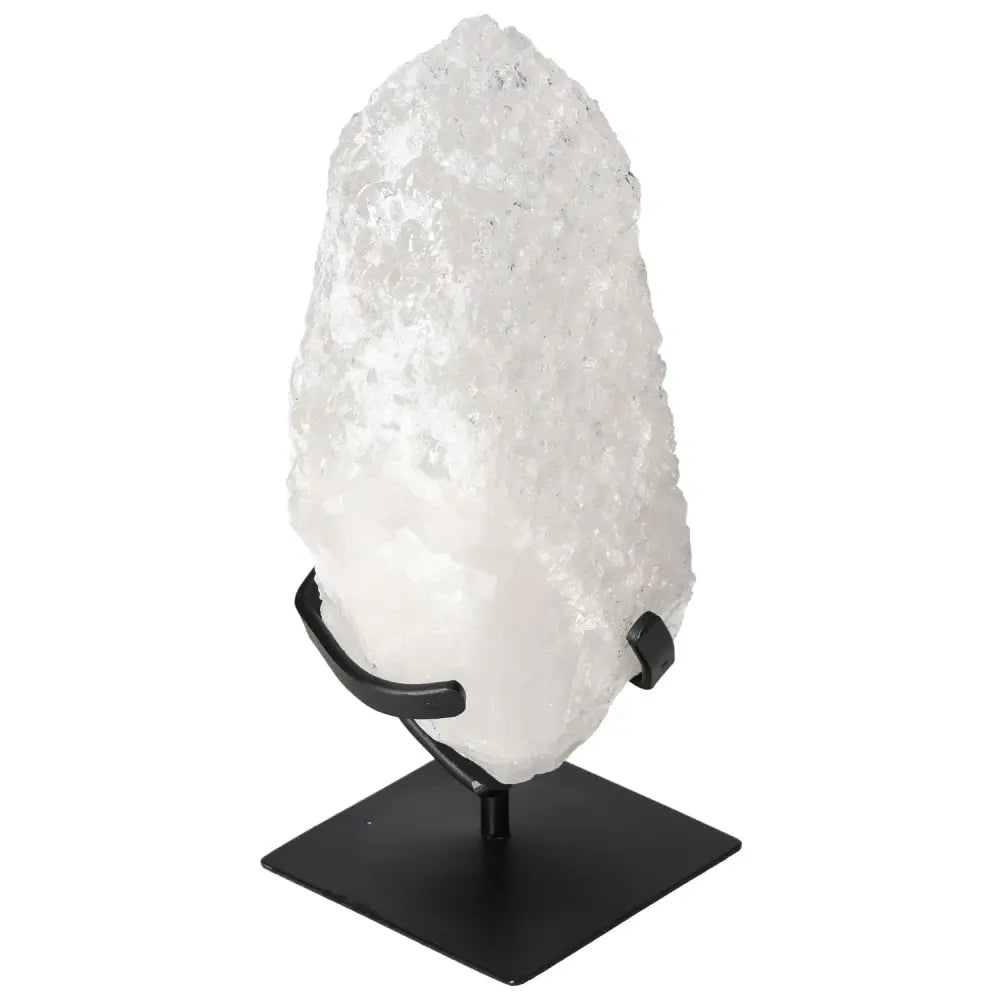 Quartz Crystal Bubble on black stand, premium decorative piece by Sylvia Crystals, known for emotional healing and mental clarity benefits.