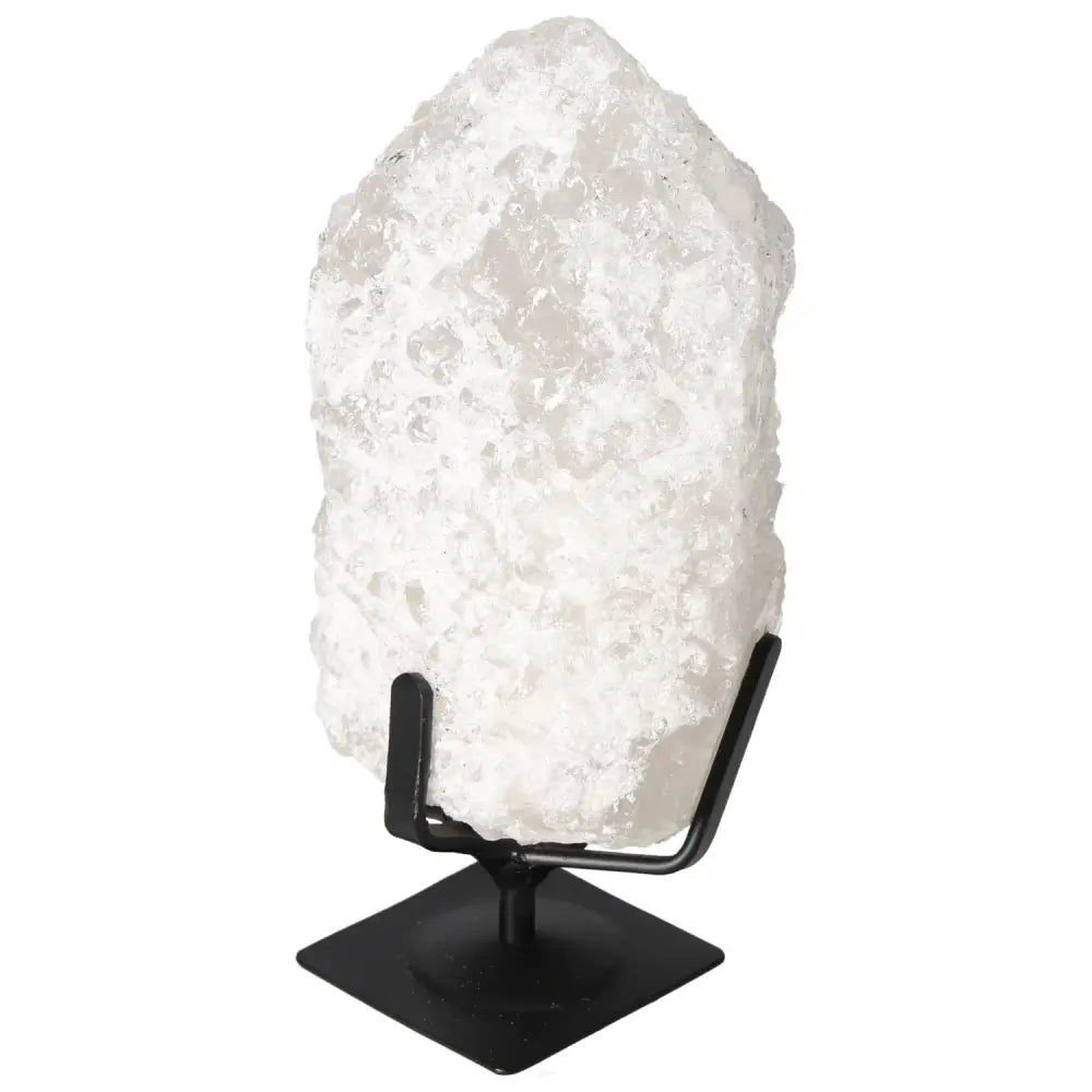 Quartz Crystal Bubble by Sylvia Crystals, showcased on a sleek black stand, perfect for chakra alignment and spiritual exploration.