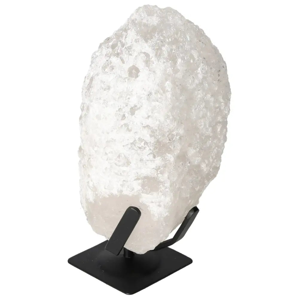 Quartz Crystal Bubble by Sylvia Crystals, featuring a dazzling, handpicked formation on a sleek black stand, ideal for spiritual healing.