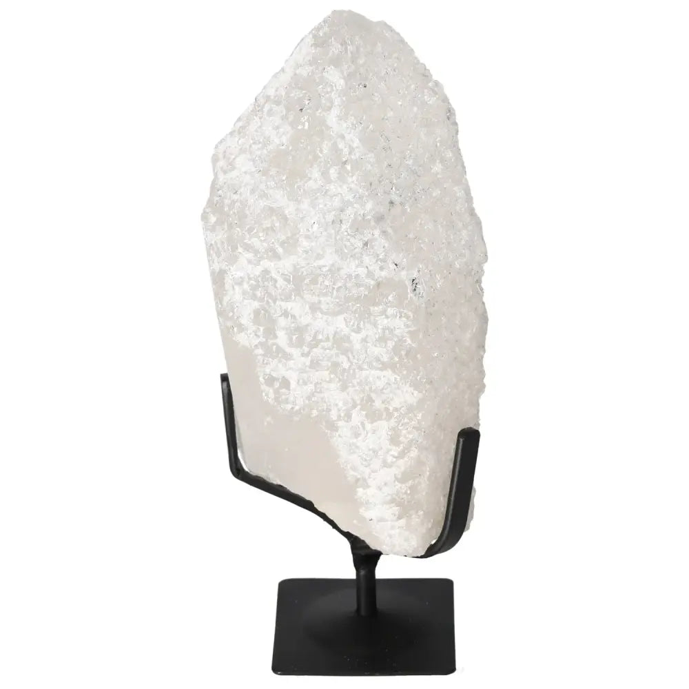 Quartz Crystal Bubble by Sylvia Crystals on black stand, promotes spiritual balance and holistic wellness, premium ornamental piece
